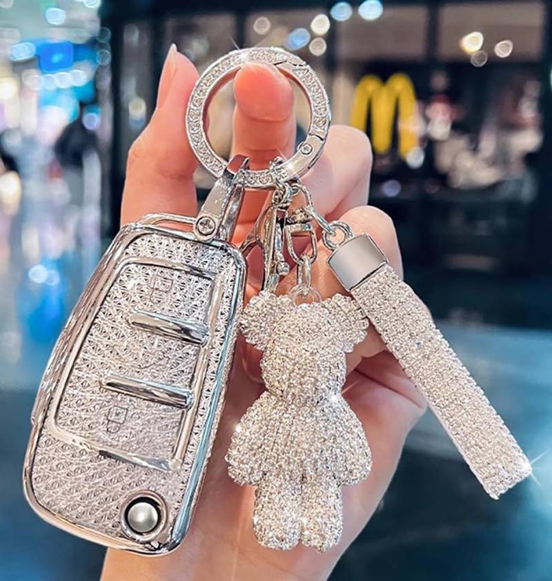 Autoschlüssel Hülle kompatibel mit Audi A1 A3 A4 A6 A8 Quattro Q2 Q3 Q7 R8 RS3 RS6 S3 S6 TT TTS Auto Schlüsselbox Cover mit Schlüsselbund (Glitzerndes Silber) von RXXR
