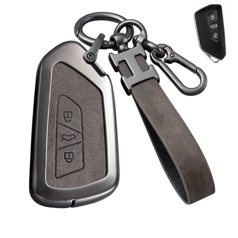 Autoschlüssel Hülle kompatibel mit VW Volkswagen Golf 8, ID3, ID4, GTI, GTE, Seat Leon MK4, Tarraco, Ateca & Skoda Octavia 3 Tasten Legierung Hülle mit Schlüsselanhänger (Graues) von RXXR