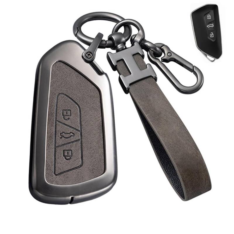 Autoschlüssel Hülle kompatibel mit VW Volkswagen Golf 8, ID3, ID4, GTI, GTE, Seat Leon MK4, Tarraco, Ateca & Skoda Octavia 3 Tasten Legierung Hülle mit Schlüsselanhänger (Graues) von RXXR