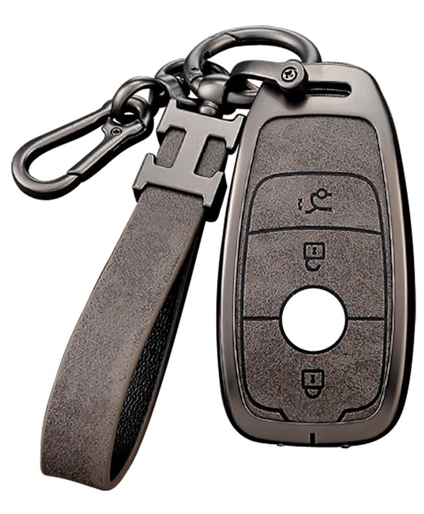 Graue Autoschlüssel Hülle kompatibel mit Mercedes Benz A C E G S CLS Klasse AMG GLK GLA GLC GLE GLS GT SL SLC SLS SLK 3 Tasten Autoschlüssel-Schutz mit Schlüsselanhänger von RXXR