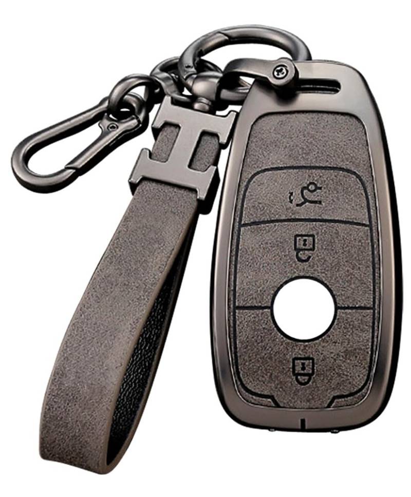 Graue Autoschlüssel Hülle kompatibel mit Mercedes Benz A C E G S CLS Klasse AMG GLK GLA GLC GLE GLS GT SL SLC SLS SLK 3 Tasten Autoschlüssel-Schutz mit Schlüsselanhänger von RXXR