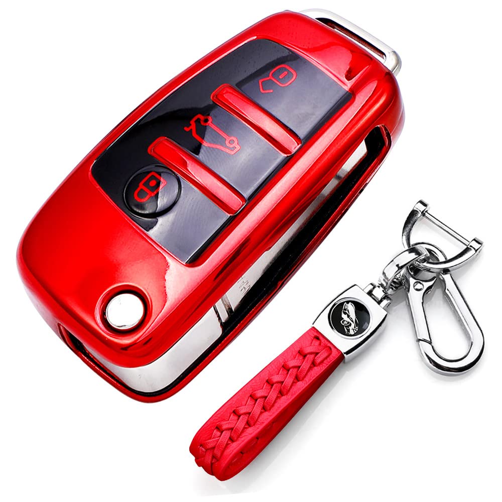 RXXR Autoschlüssel Hülle Kompatibel mit Audi, A1 S1 A3 S3 RS3 A4 S4 RS4 A6 S6 RS6 Q2 Q3 Q7 TT TTS R8 Flip Rot Schlüsselhülle Fernbedienung Schutz Auto Schlüsselanhänger Cover mit Leder Schlüsselring von RXXR
