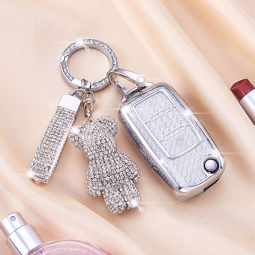 RXXR Autoschlüssel Hülle Kompatibel mit VW Polo, Skoda, Fabia, Golf 4/5/6, T5, Multivan 3 Tasten Autoschlüsselkasten Schlüsselhülle Cover mit Schlüsselanhänger (Glitzerndes Silber) von RXXR