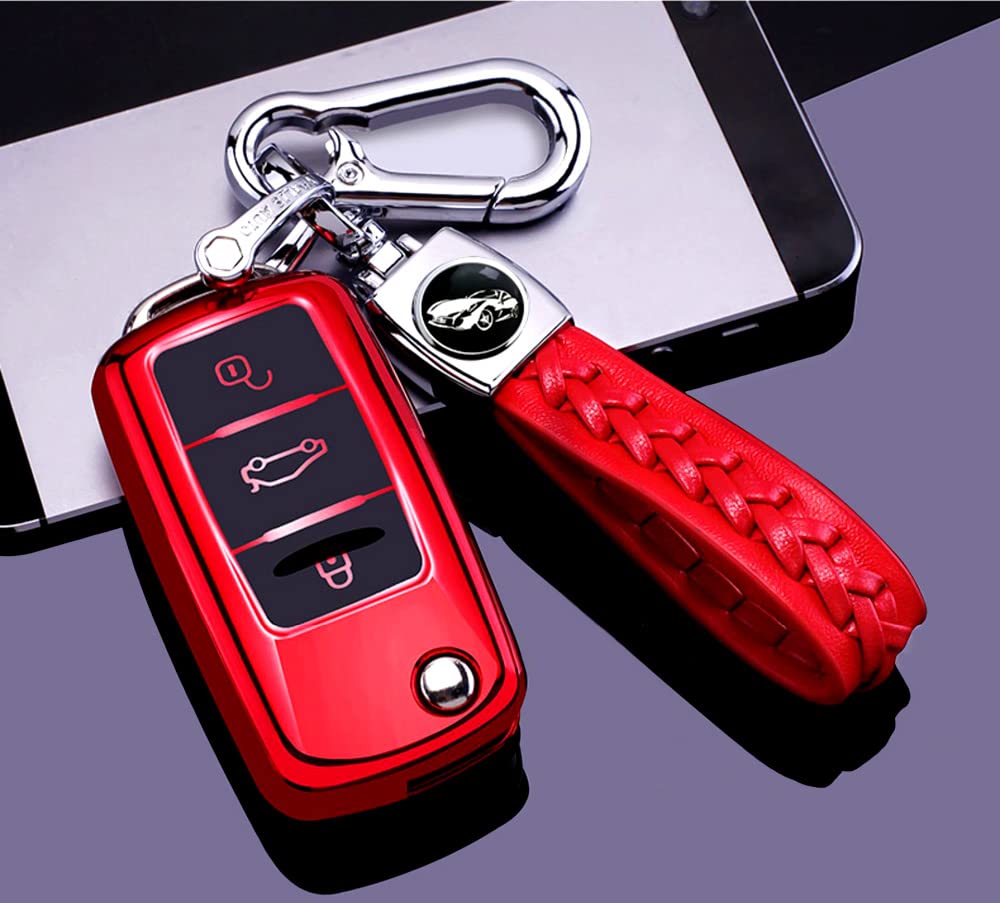 RXXR Autoschlüssel-Hülle mit Schlüsselanhänger, kompatibel für Touran G-o-l-f 4 5 6 Je-tt-a MK4 B-o-r-a Polo Soft TPU Vollschutz 3 Tasten Autoschlüssel Shell Cover Protector Rot von RXXR