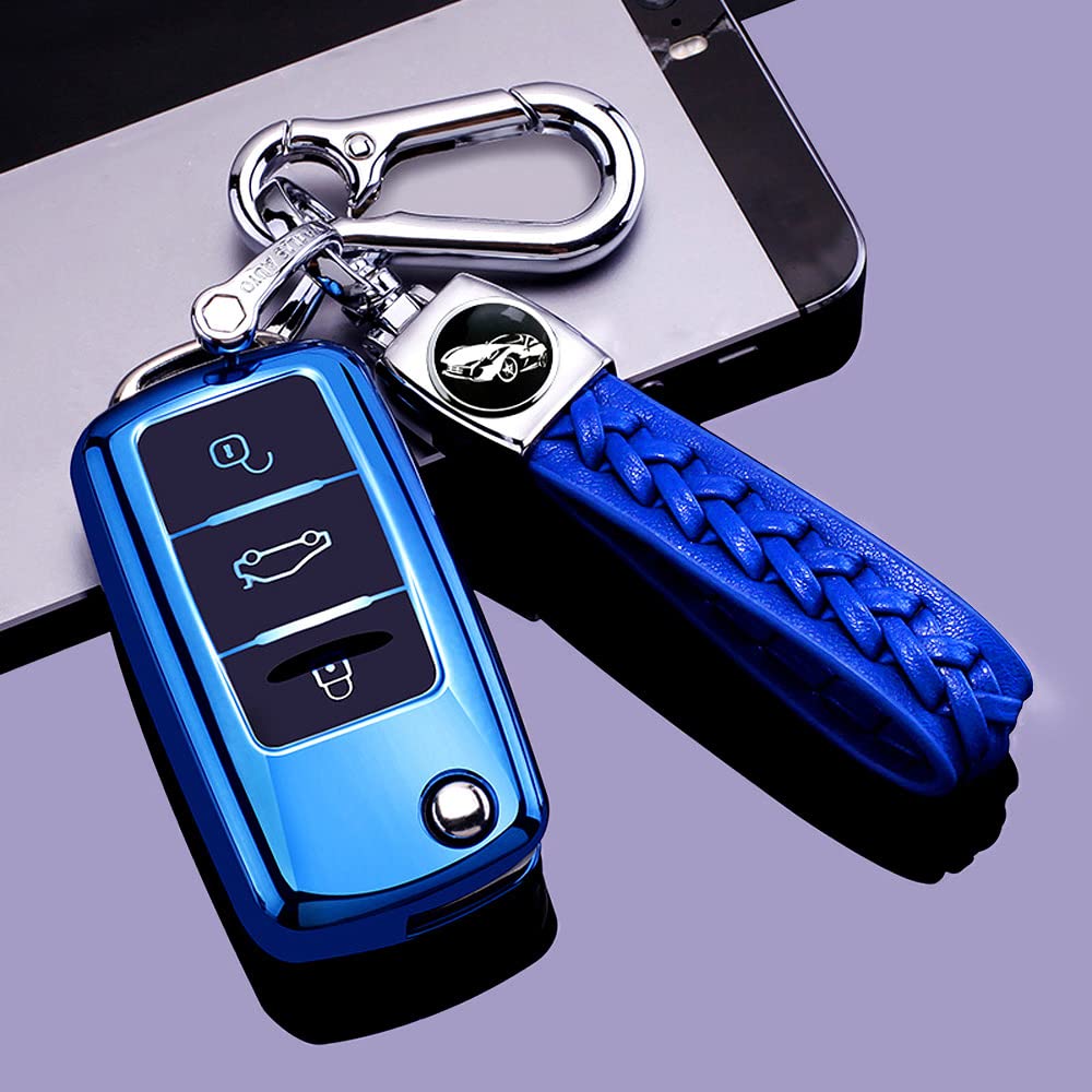 RXXR Schlüsselanhänger Abdeckung Kompatibel für VW Beetle Passat Tiguan Touran Jetta MK1-MK6 Golf GTI/Rabbit/R/MK6/MK5 Premium Soft TPU Vollschutz 3 Tasten Schlüsselanhänger Schale Blau von RXXR