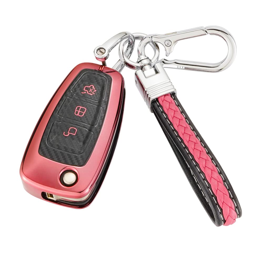 TPU-Abdeckung für Ford Schlüsselanhänger, 3 Tasten, klappbar, mit Leder-Schlüsselanhänger, kompatibel mit Ford Fiesta/Focus/Mondeo Schlüsselanhänger – Rot von RYE