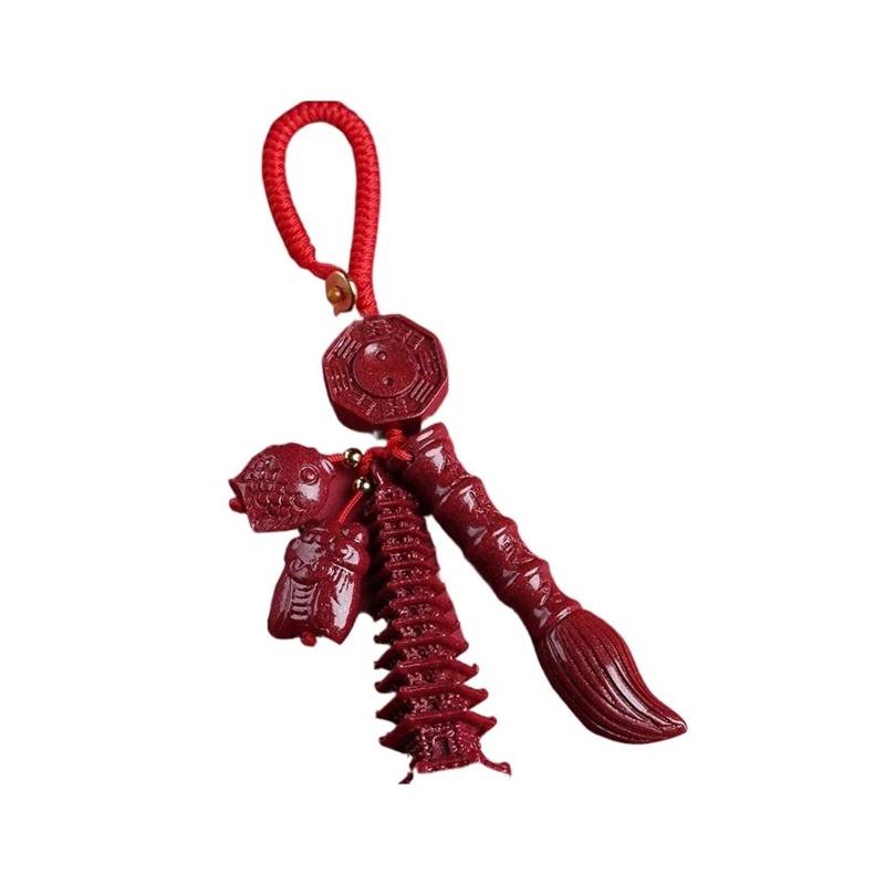 Natural Cinnabar Wenchang Tower und Stift Schlüsselbeutel Hanging Jin Bang Ti Ming Unisex Lucky Charm Car Schlüsselanhänger(Red rope style) von RYWRLQRA