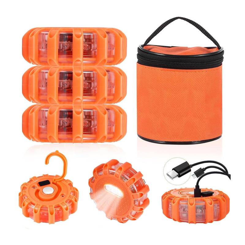 RZXBB 3 Stück Warnleuchte Wiederaufladbar, Rundumleuchte Led Wasserdichte Warnleuchten mit Tasche und 3-In-1-Ladekabel, Warnblinkleuchte mit 9 Blinkmodi, LED Warnlicht für Auto Boot Schiff von RZXBB