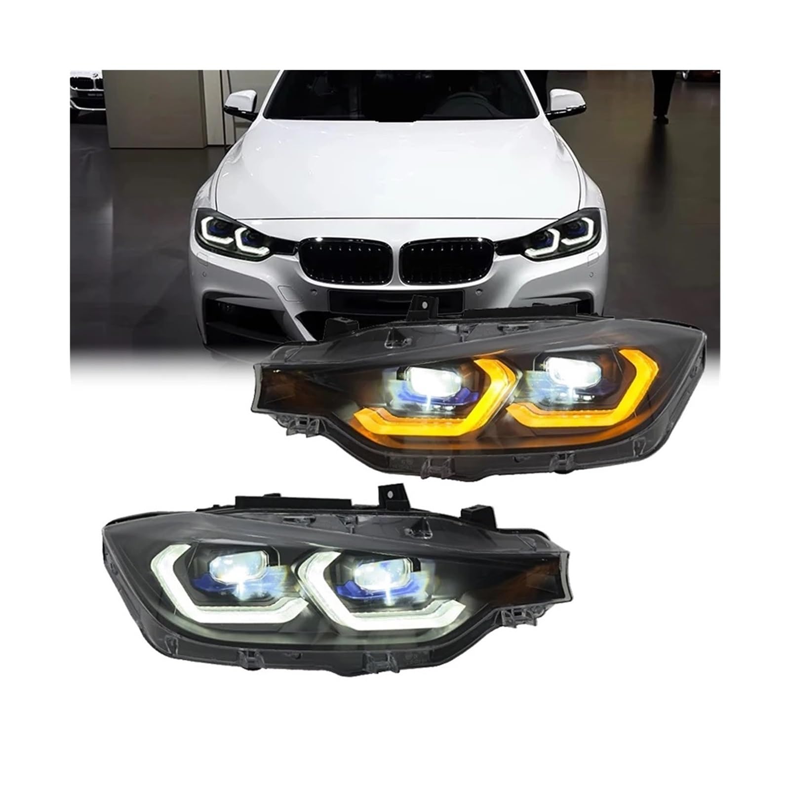 Paar LED-Scheinwerferbaugruppe Kompatibel for BMW F30 F35 320i 328i 335i 3er-Serie 2013-2018 DRL Bernstein Blinker Autozubehör(Replace Xenon) von RZYHBVHX