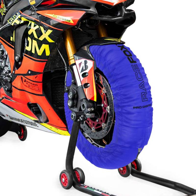 RACEFOXX PRO DIGITAL Reifenwärmer Tyre Warmers bis max. 99° C SUPERBIKE, 120/17 vorne und 180 bis 200/17 hinten für Motorradreifen Rennsport Heizdecken blau von WE ARE RACING. RACEFOXX.COM