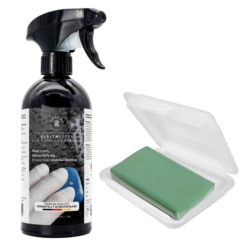 Reinigungsknete für Lack Lackreiniger für Auto Kfz, Wohnwagen und Wohnmobil (100g Reinigungsknete grün+500ml Gleitmittel) von Radami