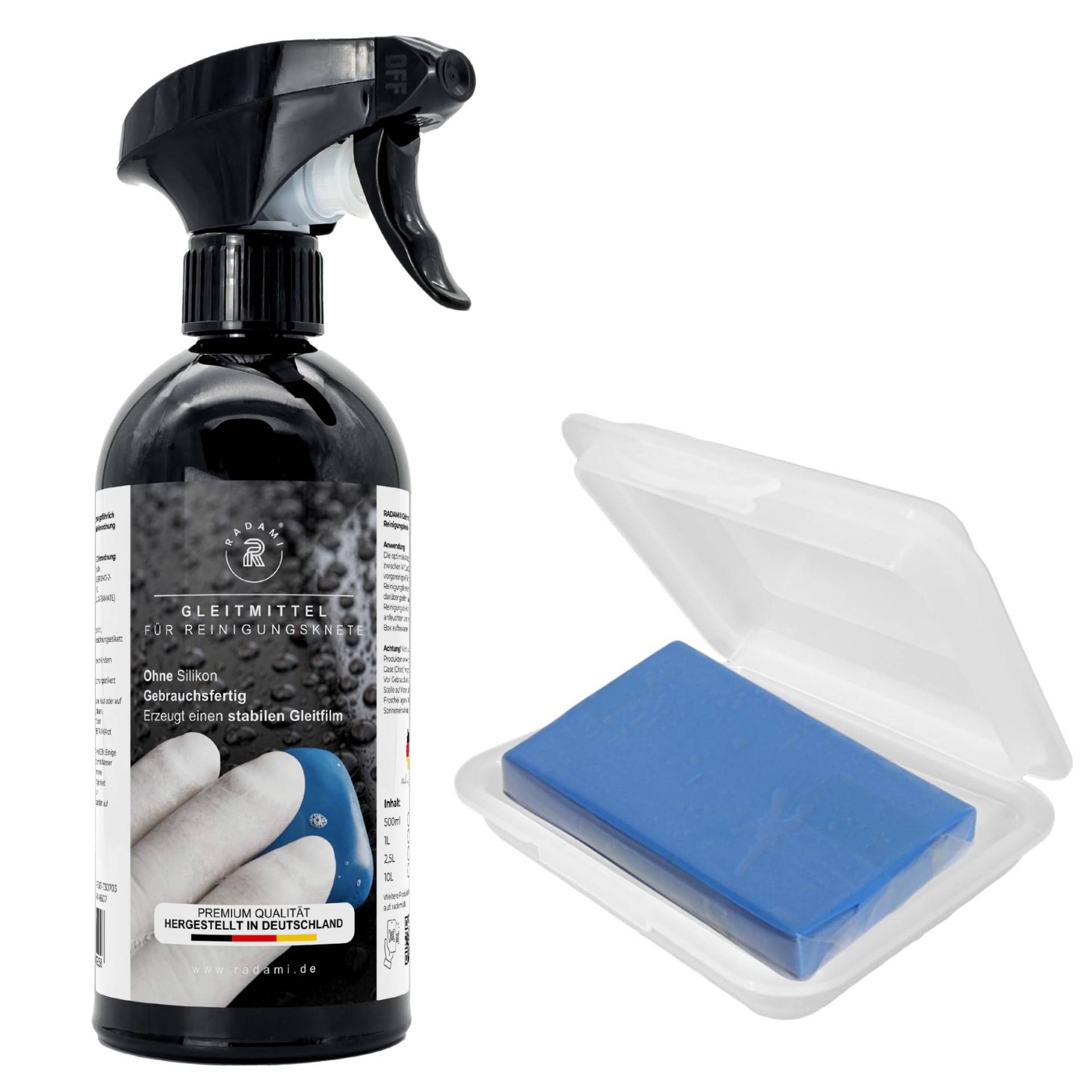 Reinigungsknete für Lack Lackreiniger für Auto Kfz, Wohnwagen und Wohnmobil (100g Reinigungsknete blau+500ml Gleitmittel) von Radami