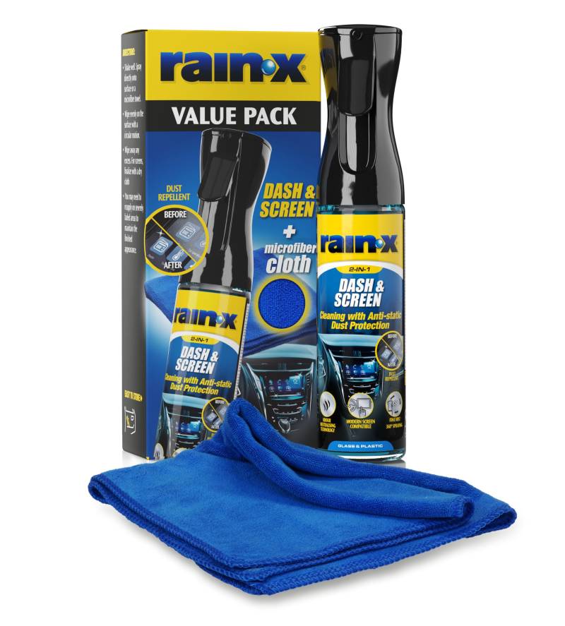 Rain-X Dash & Screen – Streifenfreier Reiniger mit Antistatik-Effekt für Kunststoff & Bildschirme + Mikrofasertuch – 300 ml von Rain-X
