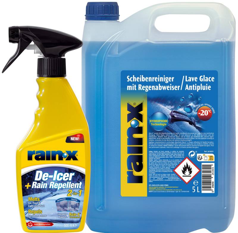 Rain-X Scheiben-Enteiser 500 ml & Scheibenreiniger 5L – Vorteilspaket für klare Sicht, Frostschutz, streifenfreie Reinigung & Wasserabweisende Technologie von Rain-X