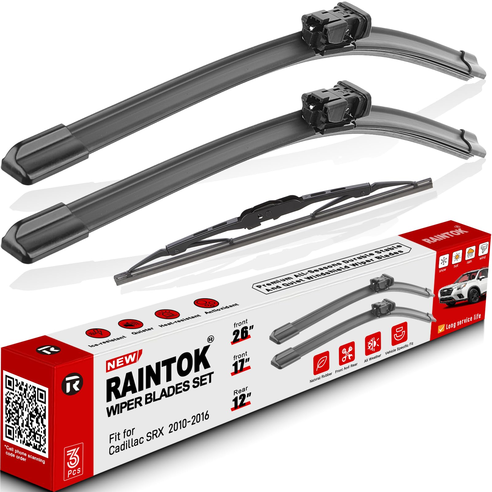 RAINTOK Scheibenwischerblätter, Ersatz für 2010, 2011, 2012, 2013, 2014, 2015, 2016, Cadillac SRX, Originalqualität, vorne und hinten, Wischerblatt-Set für mein Auto, 66 cm, 43,2 cm, 30,5 cm (3 Stück) RAINTOK Scheibenwischerblätter, Ersatz für 2010, 2011, 2012, 2013, 2014, 2015, 2016, Cadillac SRX, Originalqualität, vorne und hinten, Wischerblatt-Set für mein Auto, 66 cm, 43,2 cm, 30,5 cm (3 Stück) von Raintok