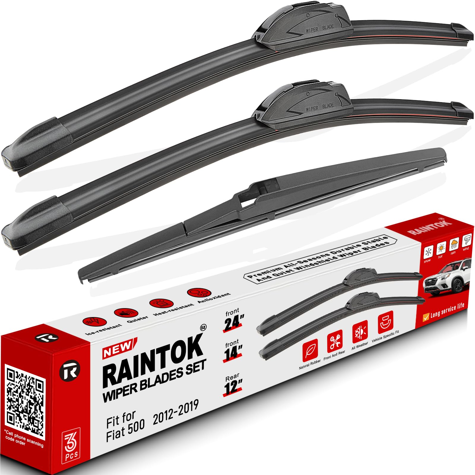 RAINTOK Scheibenwischerblätter, Ersatz für Fiat 500 2012–2019, Original-Fabrik-Qualität, vorne und hinten, Wischerblätter-Set für mein Auto, 61 cm, 35,6 cm, 30,5 cm (3 Stück) von Raintok