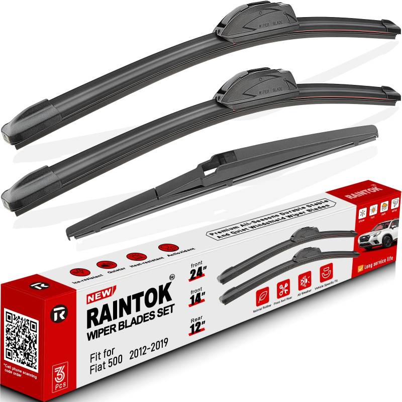RAINTOK Scheibenwischerblätter, Ersatz für Fiat 500 2012–2019, Original-Fabrik-Qualität, vorne und hinten, Wischerblätter-Set für mein Auto, 61 cm, 35,6 cm, 30,5 cm (3 Stück) von Raintok