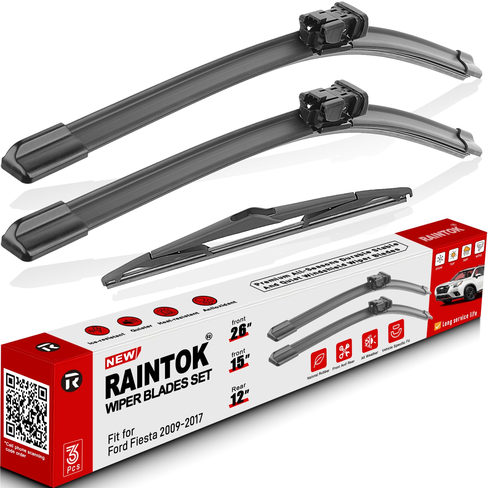RAINTOK Scheibenwischerblätter, Ersatz für Ford Fiesta 2009–2017, Original-Fabrik-Qualität, vorne und hinten, Wischerblätter-Set für mein Auto, 66 cm, 38,1 cm, 30,5 cm (3 Stück) von Raintok