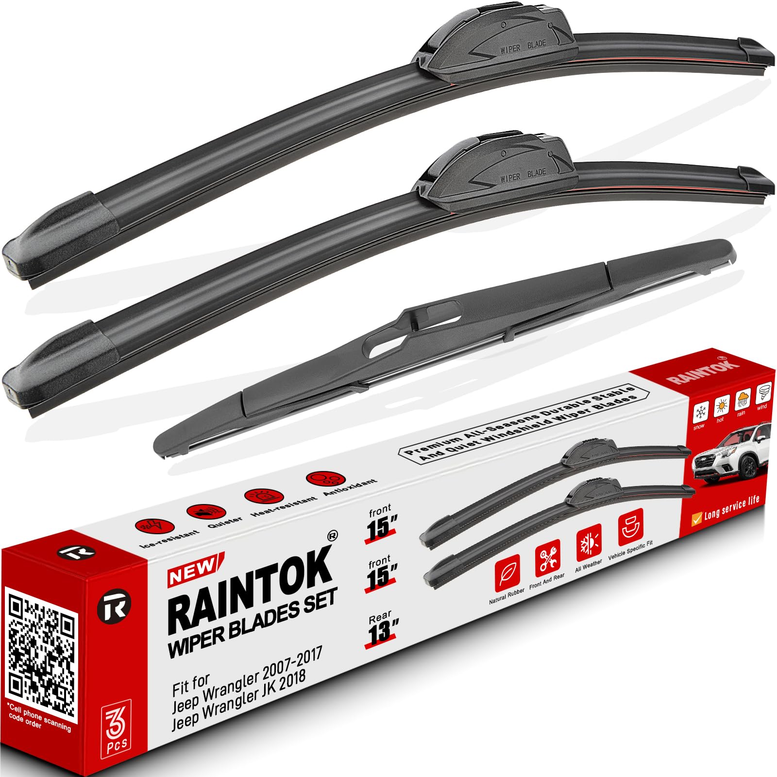 RAINTOK Scheibenwischerblätter, Ersatz für Jeep Wrangler 2008–2018, Wrangler JK, Original-Fabrik-Qualität, vorne und hinten, Wischerblätter-Set für mein Auto, 38,1 cm, 38,1 cm, 33 cm, 3 Stück RAINTOK Scheibenwischerblätter, Ersatz für Jeep Wrangler 2008–2018, Wrangler JK, Original-Fabrik-Qualität, vorne und hinten, Wischerblätter-Set für mein Auto, 38,1 cm, 38,1 cm, 33 cm, 3 Stück von Raintok