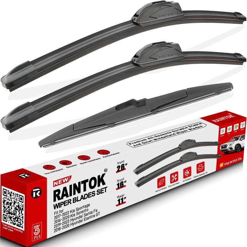 RAINTOK Scheibenwischerblätter Ersatz für 2017–2022 Kia Sportage / 2019–2021 Hyundai Santa Fe / 2016–2020 Kia Sorento Original Factory Quality Front Rear Wipers Blade Set – 66.0 cm 40.6 cm 27.9 cm von Raintok