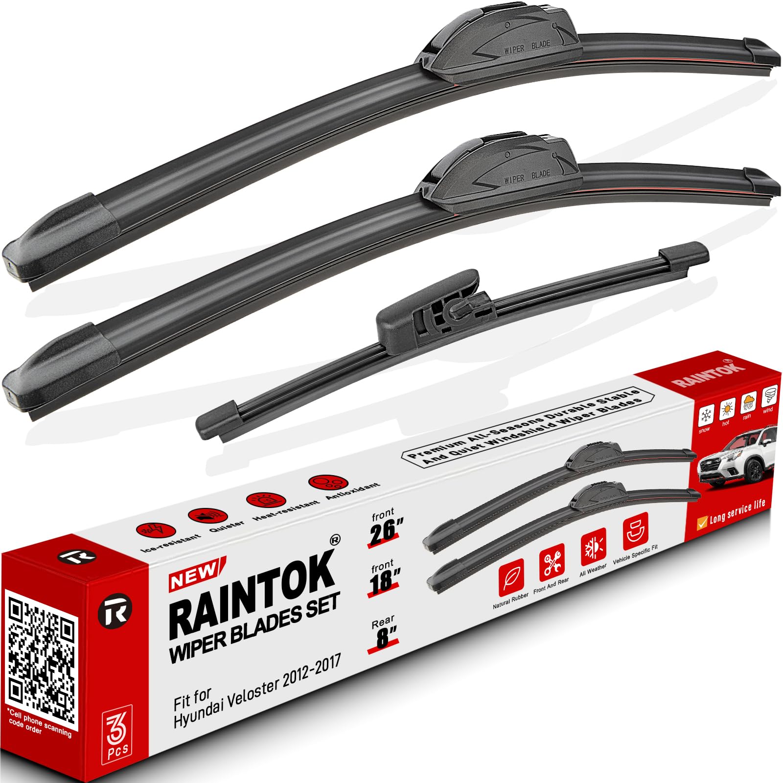 RAINTOK Scheibenwischerblätter Ersatz für Hyundai Veloster 2012 2013 2014 2015 2016 2017 Original Fabrikqualität vorne hinten Wischerblätter Set für mein Auto – 66 cm, 45,7 cm, 20,3 cm (3 Stück) von Raintok