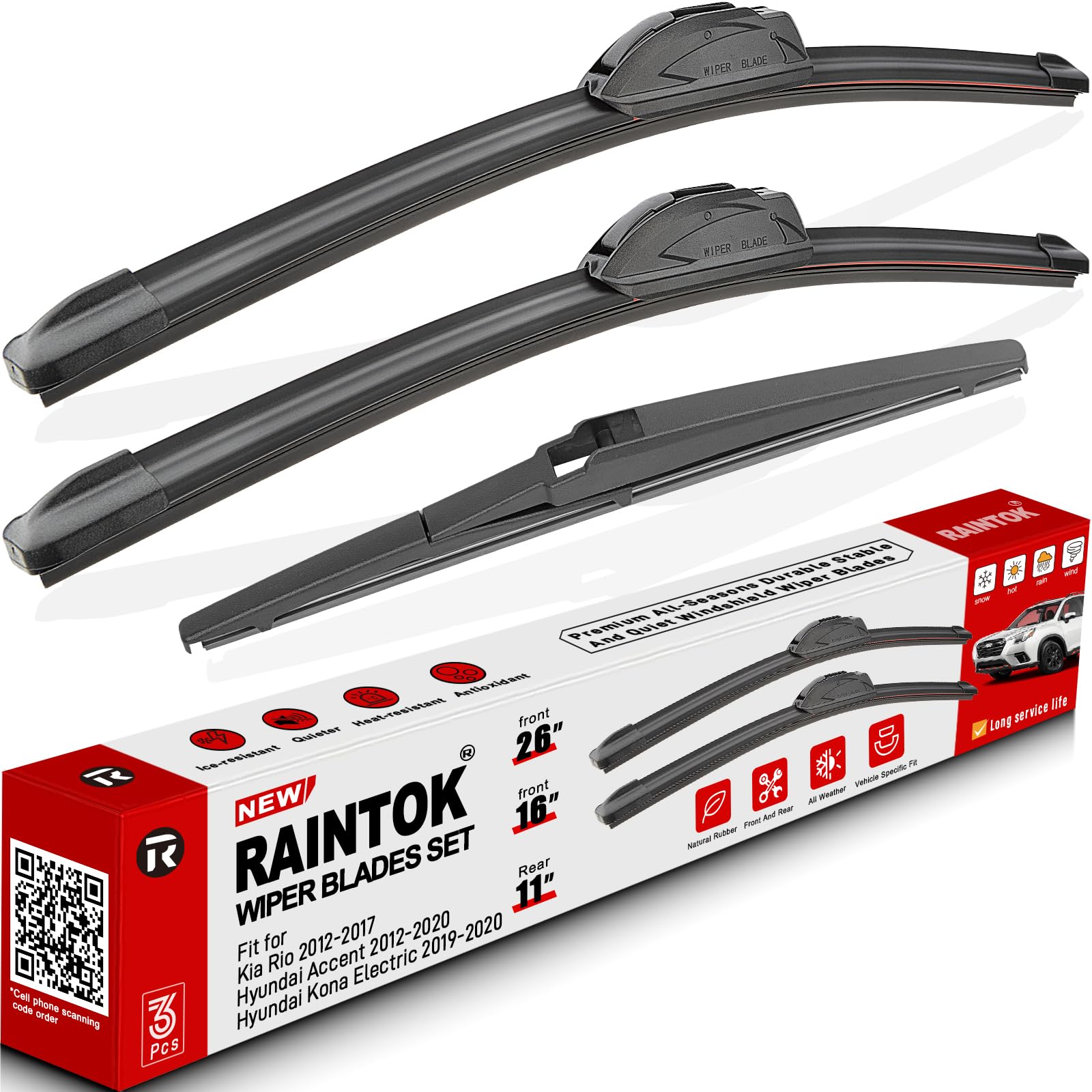 RAINTOK Scheibenwischerblätter Ersatz für Kia Rio Hyundai Accent Kona Electric 2012 2013 2014 2015 2016-2020 Original Fabrik Qualität vorne hinten Wischerblätter Set für Auto - 66 cm, 40,6 cm, 27,9 cm RAINTOK Scheibenwischerblätter Ersatz für Kia Rio Hyundai Accent Kona Electric 2012 2013 2014 2015 2016-2020 Original Fabrik Qualität vorne hinten Wischerblätter Set für Auto - 66 cm, 40,6 cm, 27,9 cm von Raintok