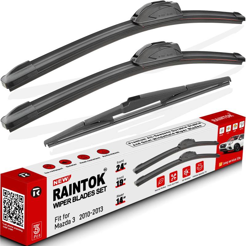 RAINTOK Scheibenwischerblätter Ersatz für Mazda 3 2010 2011 2012 2013 Original Fabrikqualität vorne hinten Wischerblätter Set für mein Auto – 61 cm, 48,3 cm, 35,6 cm (3 Stück) von Raintok