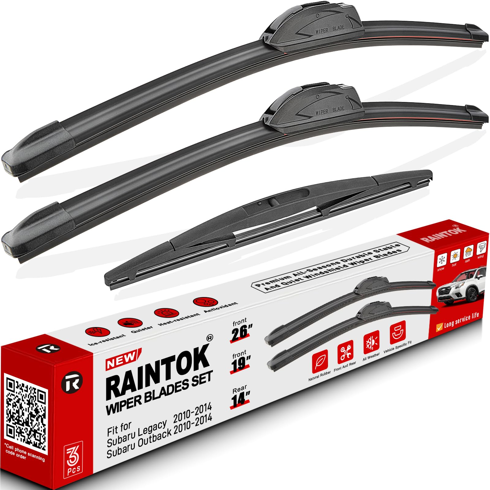 RAINTOK Scheibenwischerblätter Ersatz für Subaru Legacy Outback 2010 2011 2012 2013 2014 Original Fabrikqualität vorne hinten Wischerblätter Set für Auto – 66 cm, 48,3 cm, 35,6 cm (3 Stück) von Raintok