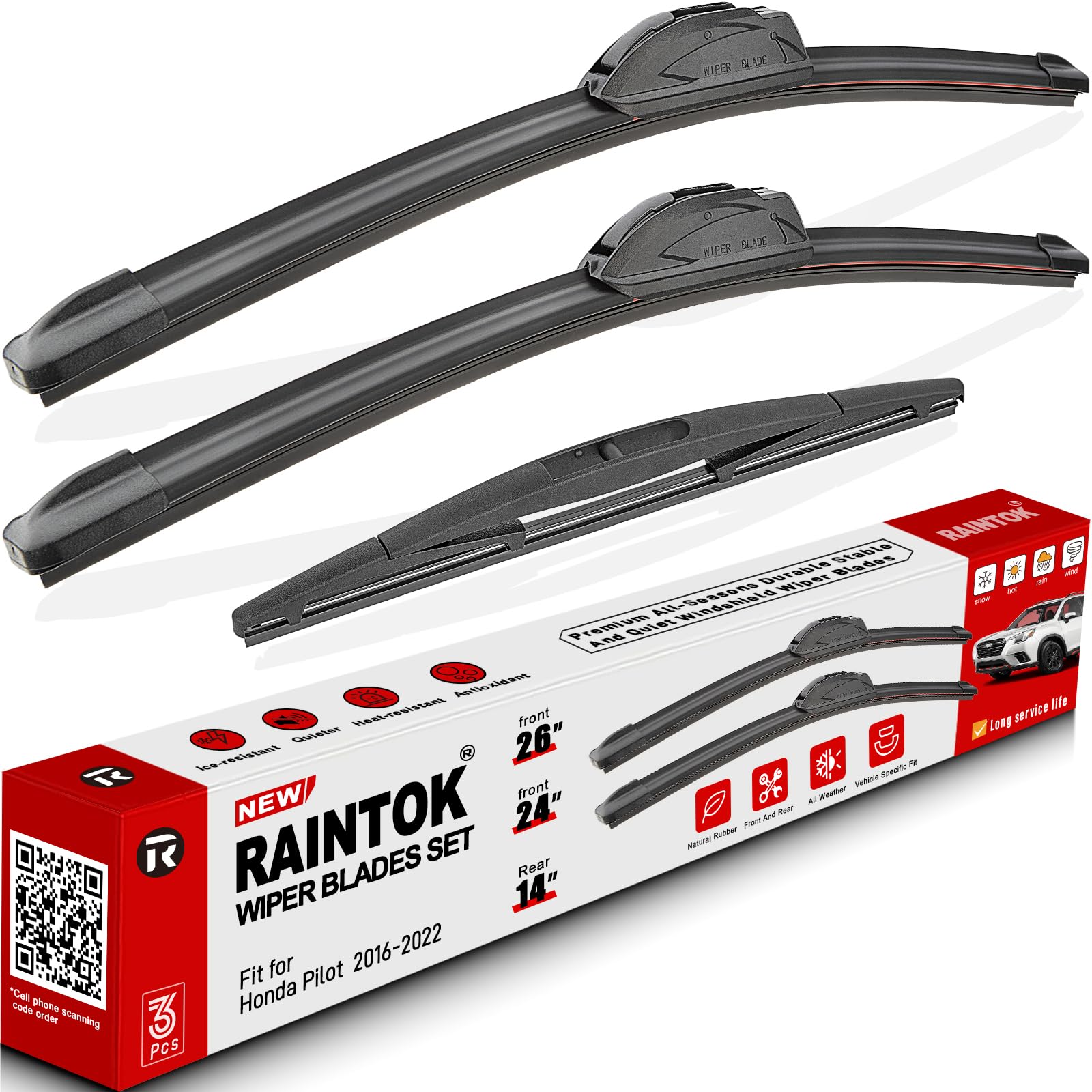 RAINTOK Scheibenwischerblatt-Set, Ersatz für Honda Pilot 2016–2022 und Heckscheibenwischerblatt, 66 cm/61 cm/35,6 cm (3 Stück) U/J Haken von Raintok