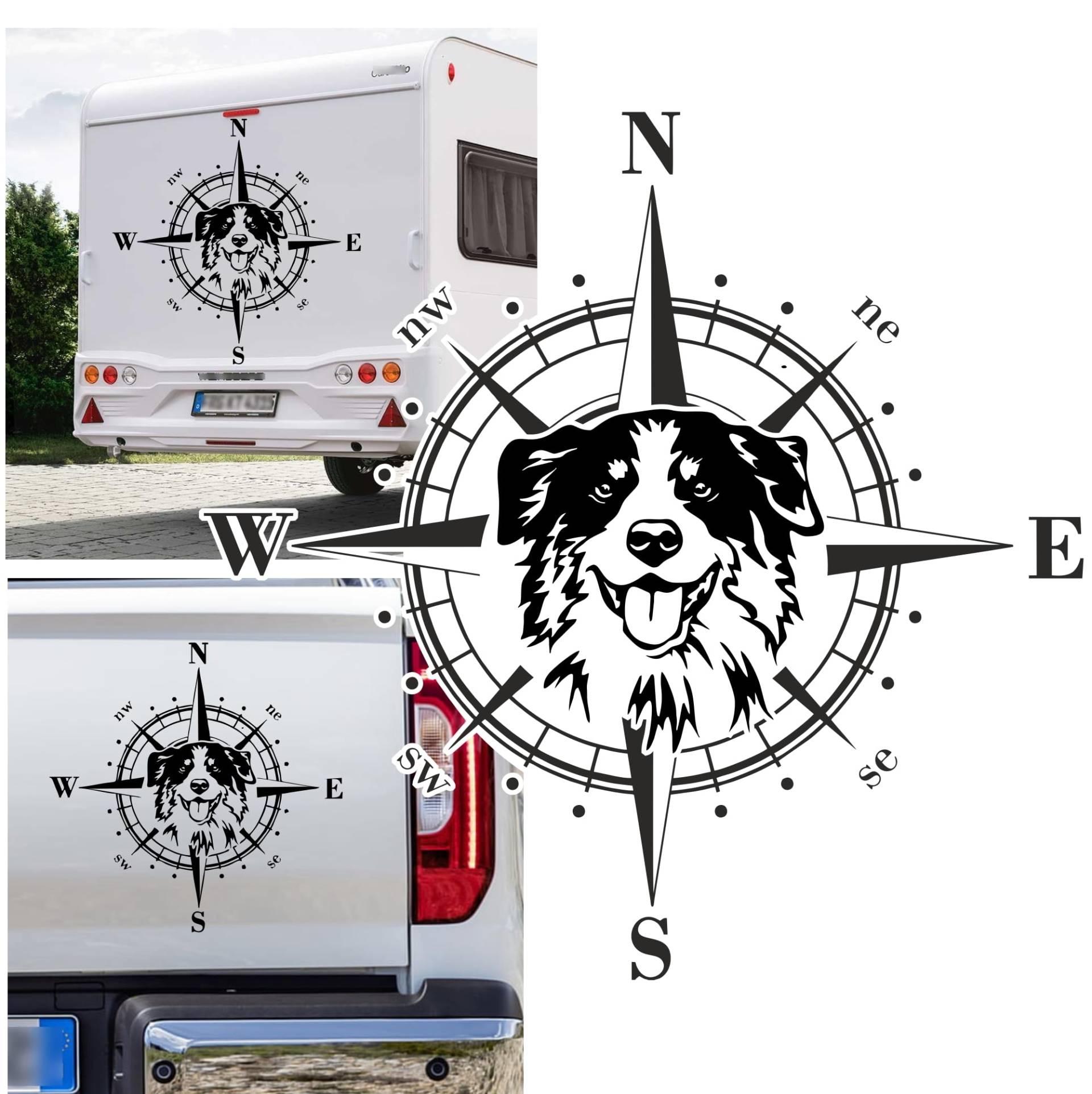 Rakelfix Australian Shepherd Kompass Aufkleber Apassbar Wohnmobil Auto Autoaufkleber Sticker Kompassrose Windrose Camper von Rakelfix