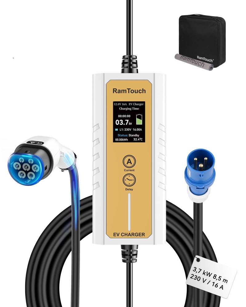 RamTouch Ladekabel Elektroauto Blau CEE 16A auf Typ 2 (3,7 kW, 1-phasig, 8,5 m), IP65 Mobile Wallbox CEE mit 6A-16A Einstellbar und Timer & Verzögerung, EV-Ladegerät mit LCD für E-Autos & PHEV von RamTouch