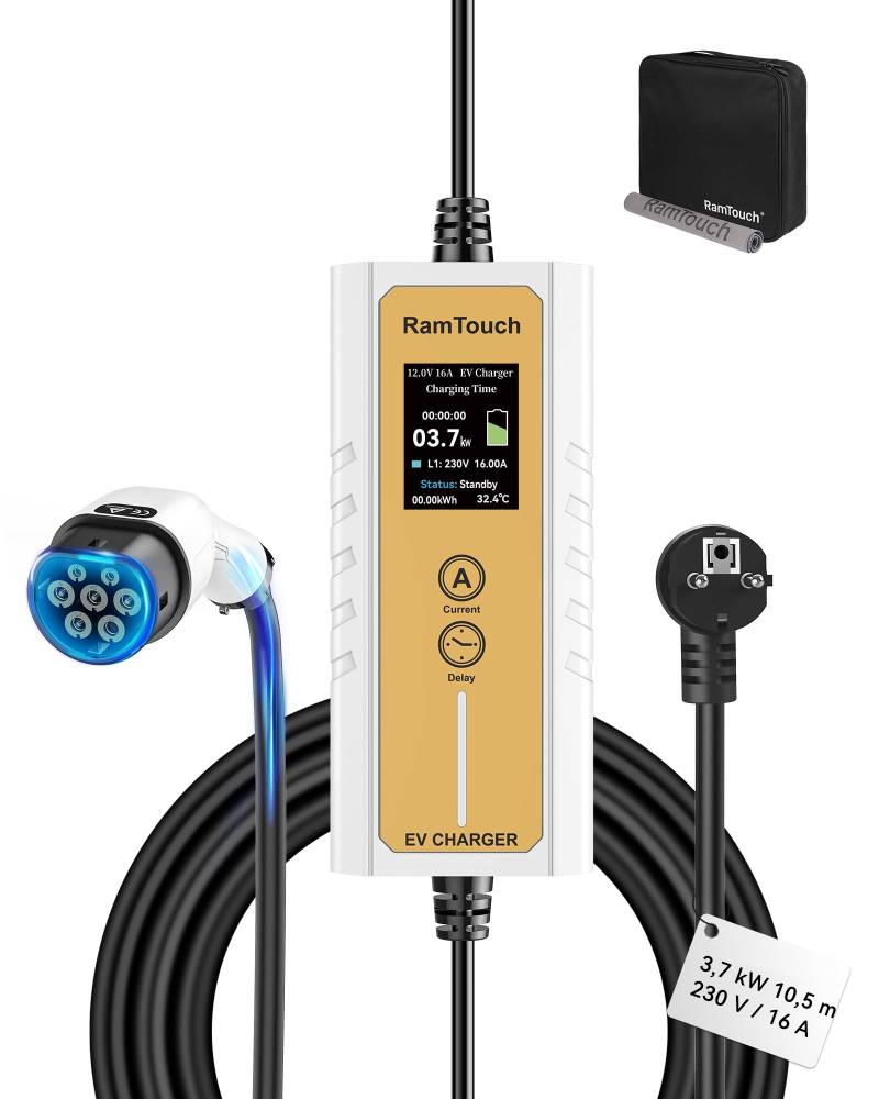 RamTouch Ladekabel Elektroauto Typ 2 Schuko (3,7 kW, 1-phasig, 10,5 m), IP65 Mobile Wallbox Schuko mit 6A-16A Einstellbar und Timer & Verzögerung, EV-Ladegerät mit LCD für E-Autos & PHEV von RamTouch