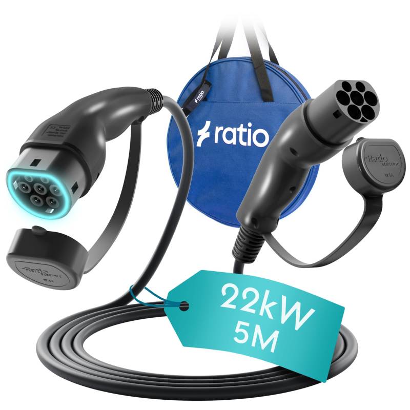 Ratio Typ 2 Ladekabel 22kW 5M 32A 3 Phasig 5 Meter Modus 3 Typ 2 auf Typ 2 EV Ladekabel für Elektroauto mit Tragetasche für Model S/X/Y/3 e-Golf ID.3 i3 i8 und Mehr von Ratio Electric