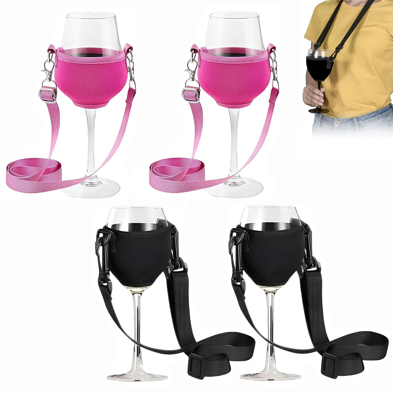 4 Stück Weinhalter zum Umhängen, Weinglashalter zum Umhängen, Wine Glass Holder Weinglas Hängebecher für Weinliebhaber zur Hochzeit (Schwarz/Rosenrot) von Rbleote