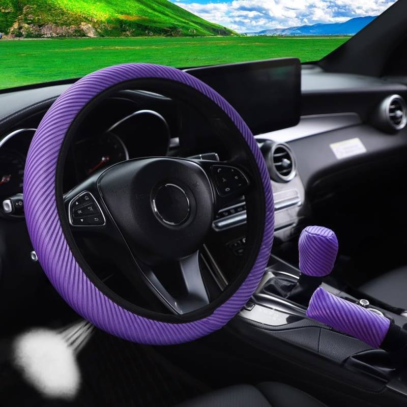 Für einfache Installation und stilvolles Streifen-Auto-Innen-Set, Handbremse, Schalthebel, Lenkradbezug (lila) von ReachMall