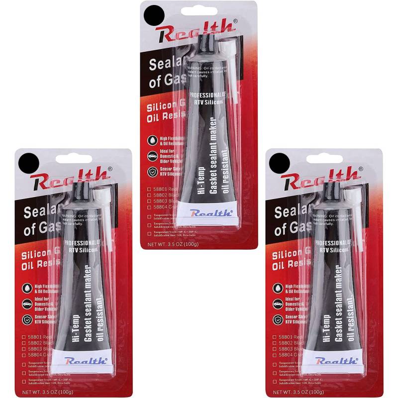 Realth Hochtemperatur Silikon Dichtmasse/Dichtsilikon | RTV 3,53 Unzen(100g) | Ultra Schwarz ölbeständig Hochfeste Dichtstoffe | für die Reparatur von Kfz-Motorradmaschinen(SG119N3) | 3 Stück Schwarz von Realth