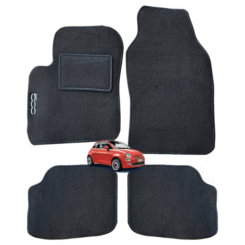 Rebeca Shop® Auto-Fußmatten, schwarz, kompatibel mit 500 ab 2007, auch Hybrid/Fußmatten-Set aus Teppichmaterial, passgenau (Set 2 vorne + 2 hinten), Stickerei Logo 500 von Rebeca Shop