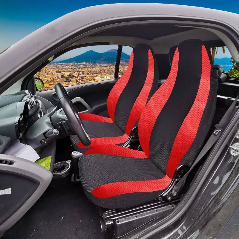 Rebeca Shop® Autositzbezüge kompatibel für Smart W450 W451 W453 Made in Italy Vordersitzbezüge, passend zu Teppichmatten (Smart 3Serie W453, Schwarz/Rot) von Rebeca Shop