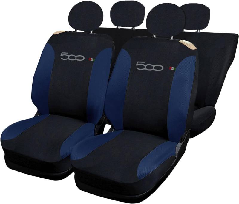 Rebeca Shop® Autositzbezüge kompatibel mit Cinquecento 500, hergestellt in Italien, Polyester-Baumwollgewebe, Set vorne und hinten (Schwarz/Blau, Rückseite komplett mit Logo) von Rebeca Shop