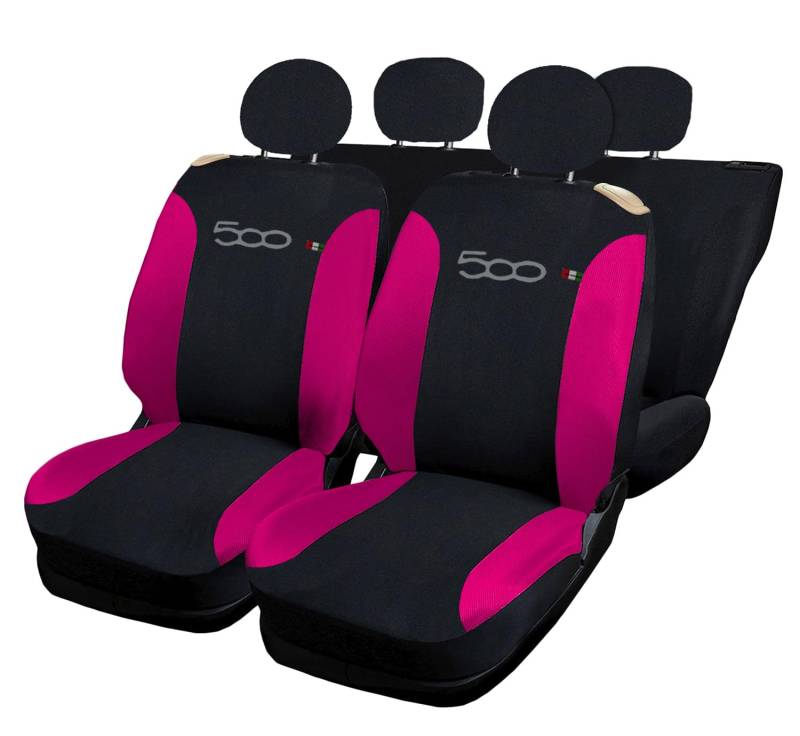 Rebeca Shop® Autositzbezüge kompatibel mit Cinquecento 500, hergestellt in Italien, Polyester-Baumwollgewebe, Set vorne und hinten (Schwarz/Fuchsia, Rückseite komplett mit Logo) von Rebeca Shop