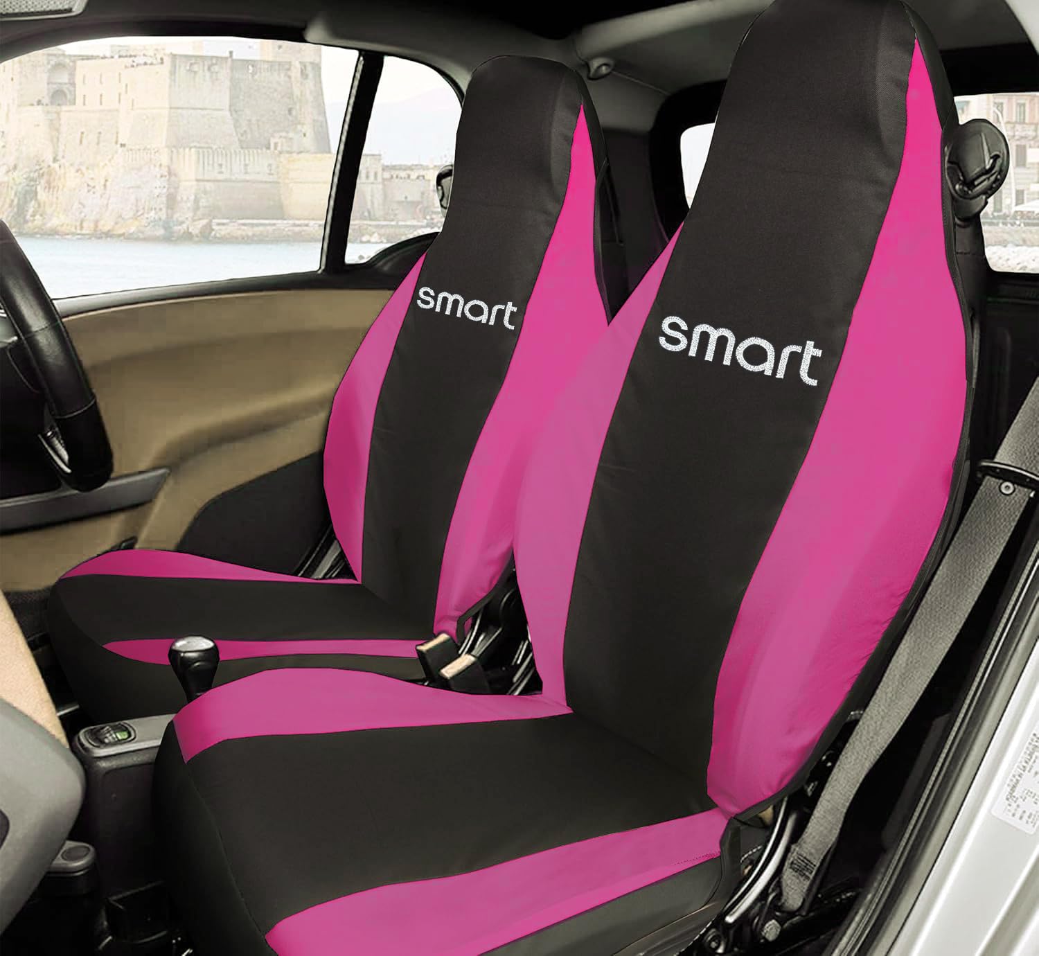 Rebeca Shop® Vordersitzbezüge kompatibel für Smart Fortwo 1., 2. und 3. Serie, W450, W451, W453, 2er-Set (Schwarz/Fuchsia, mit Logo) von Rebeca Shop