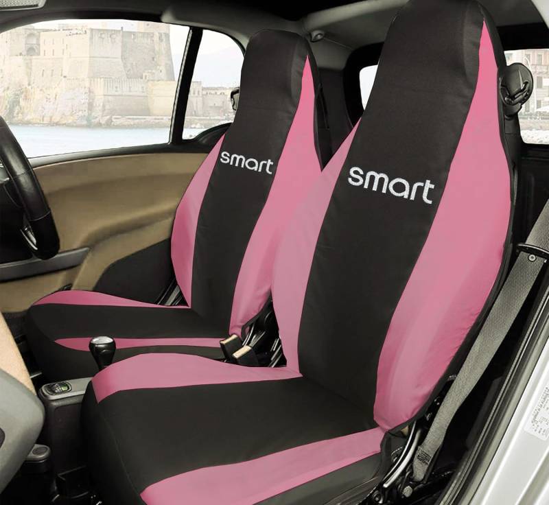 Rebeca Shop® Vordersitzbezüge kompatibel für Smart Fortwo 1., 2. und 3. Serie, W450, W451, W453, 2er-Set (Schwarz/Rosa, mit Logo) von Rebeca Shop
