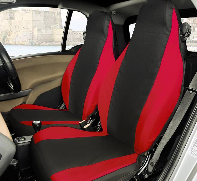Rebeca Shop® Vordersitzbezüge kompatibel für Smart Fortwo 1., 2. und 3. Serie, W450, W451, W453, 2er-Set (Schwarz/Rot, ohne Logo) von Rebeca Shop