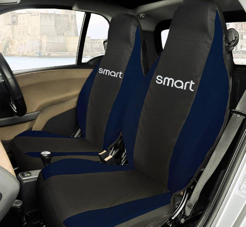 Rebeca Shop® Vordersitzbezüge kompatibel für Smart Fortwo 1., 2. und 3. Serie, W450, W451, W453, 2er-Set (schwarz/blau, mit Logo) von Rebeca Shop
