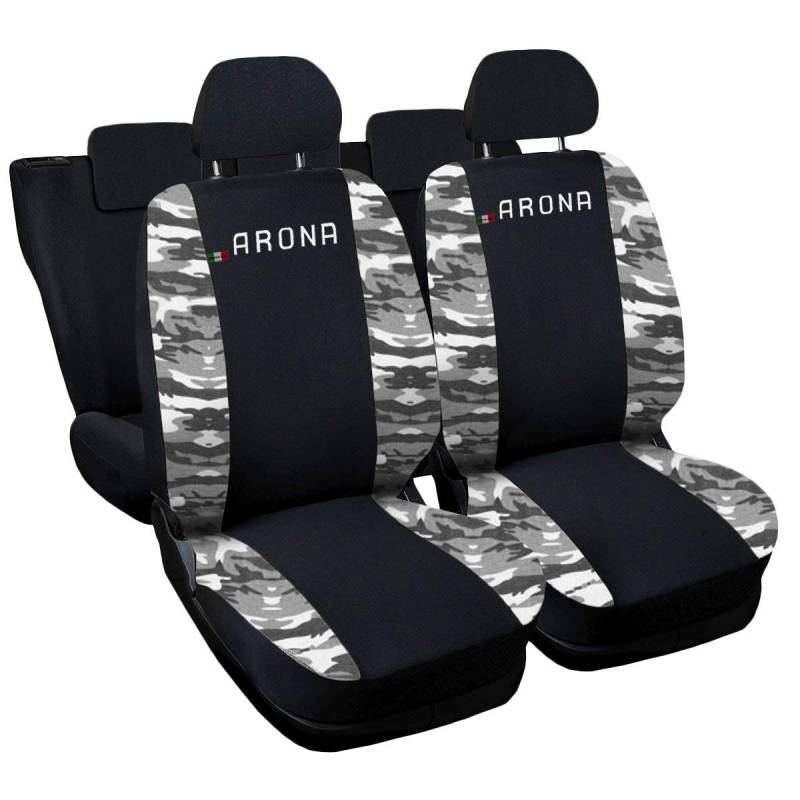 Rebeca Shop Auto-Sitzbezüge kompatibel mit Arona, Set für Vorder- und Rücksitze, gesticktes Logo, Airbag, kompatibel, Zubehör für den Innenbereich (schwarz/grau) von Rebeca Shop