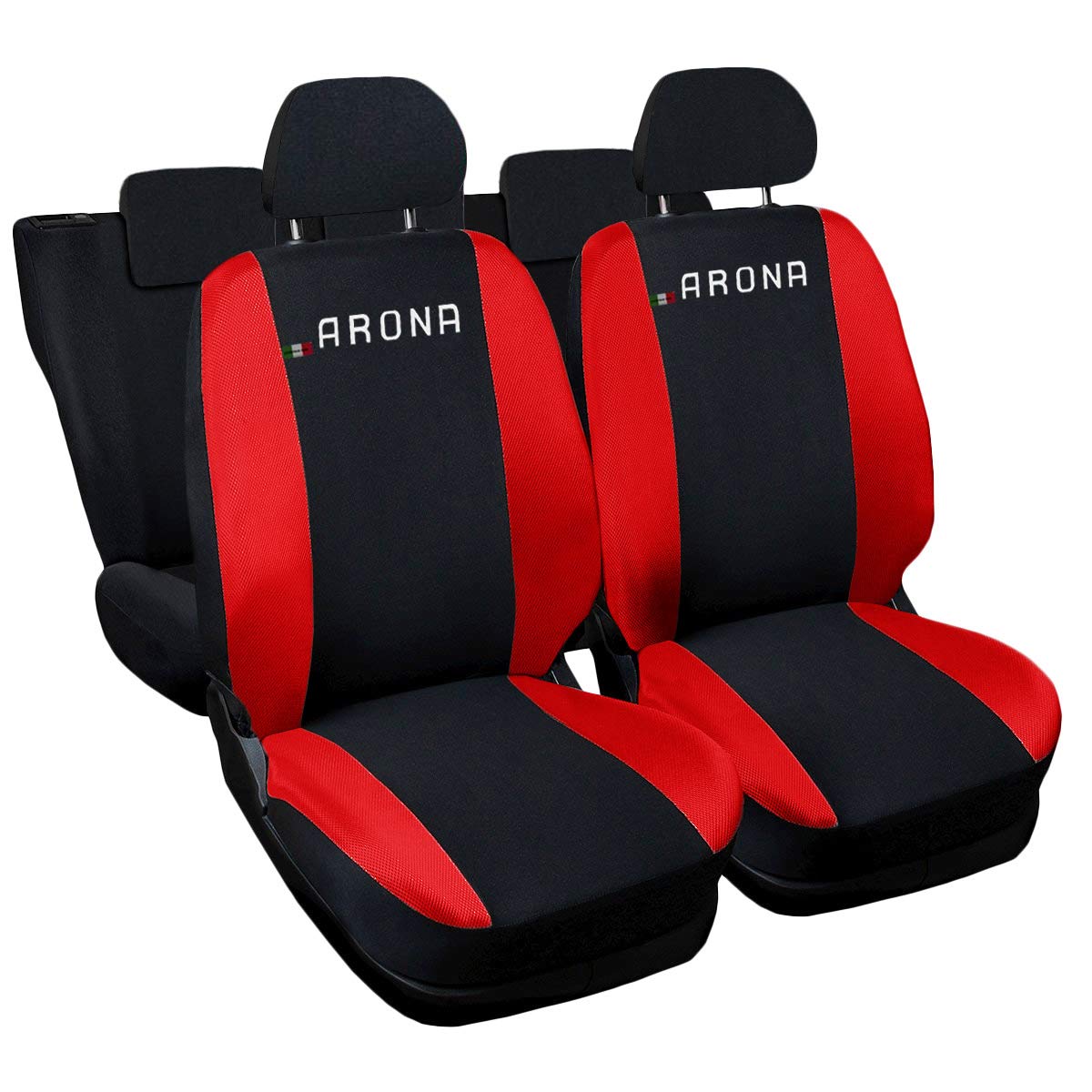 Rebeca Shop Auto-Sitzbezüge kompatibel mit Arona, Set für Vorder- und Rücksitze, gesticktes Logo, Airbag, kompatibel, Zubehör für den Innenbereich (schwarz/rot) von Rebeca Shop