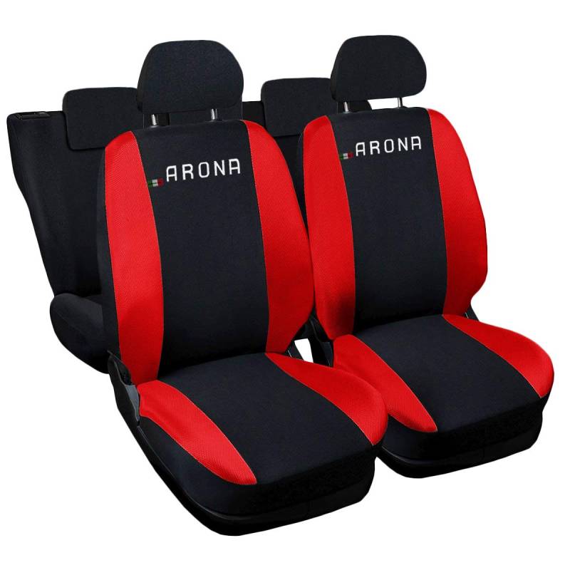 Rebeca Shop Auto-Sitzbezüge kompatibel mit Arona, Set für Vorder- und Rücksitze, gesticktes Logo, Airbag, kompatibel, Zubehör für den Innenbereich (schwarz/rot) von Rebeca Shop