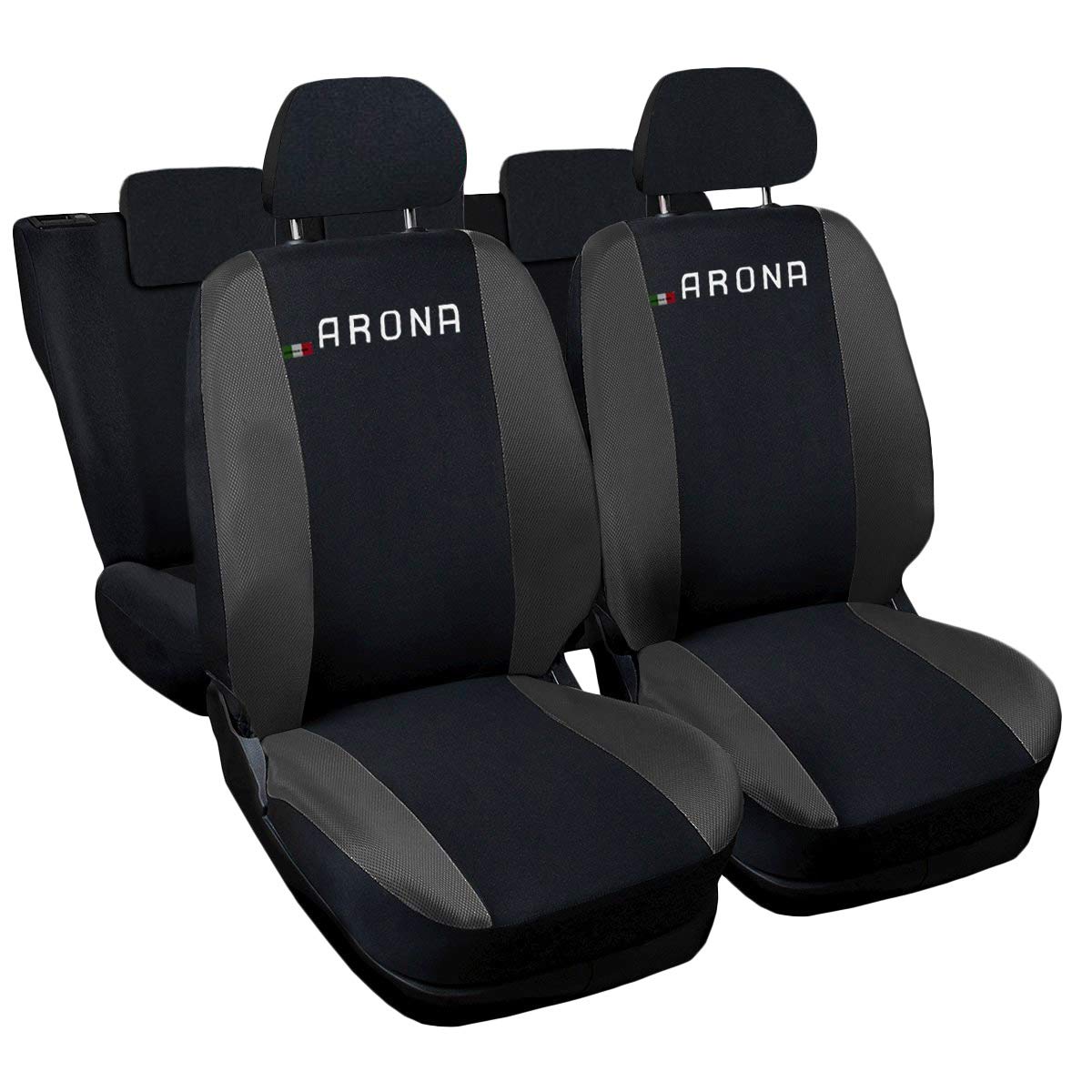Rebeca Shop Autositzbezüge kompatibel mit Arona | Set für vorne und hinten | gesticktes Logo | Airbag kompatibel | Zubehör für Innenraum (schwarz/dunkelgrau) von Rebeca Shop