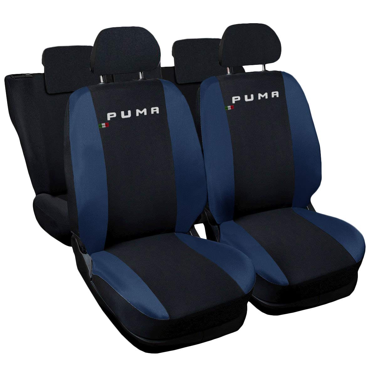Rebeca Shop Puma kompatible Autositzbezüge | Set für Vorder- und Rücksitze, gesticktes Logo | Airbag kompatibel | Zubehör für den Innenbereich (Schwarz/Dunkelblau) von Rebeca Shop