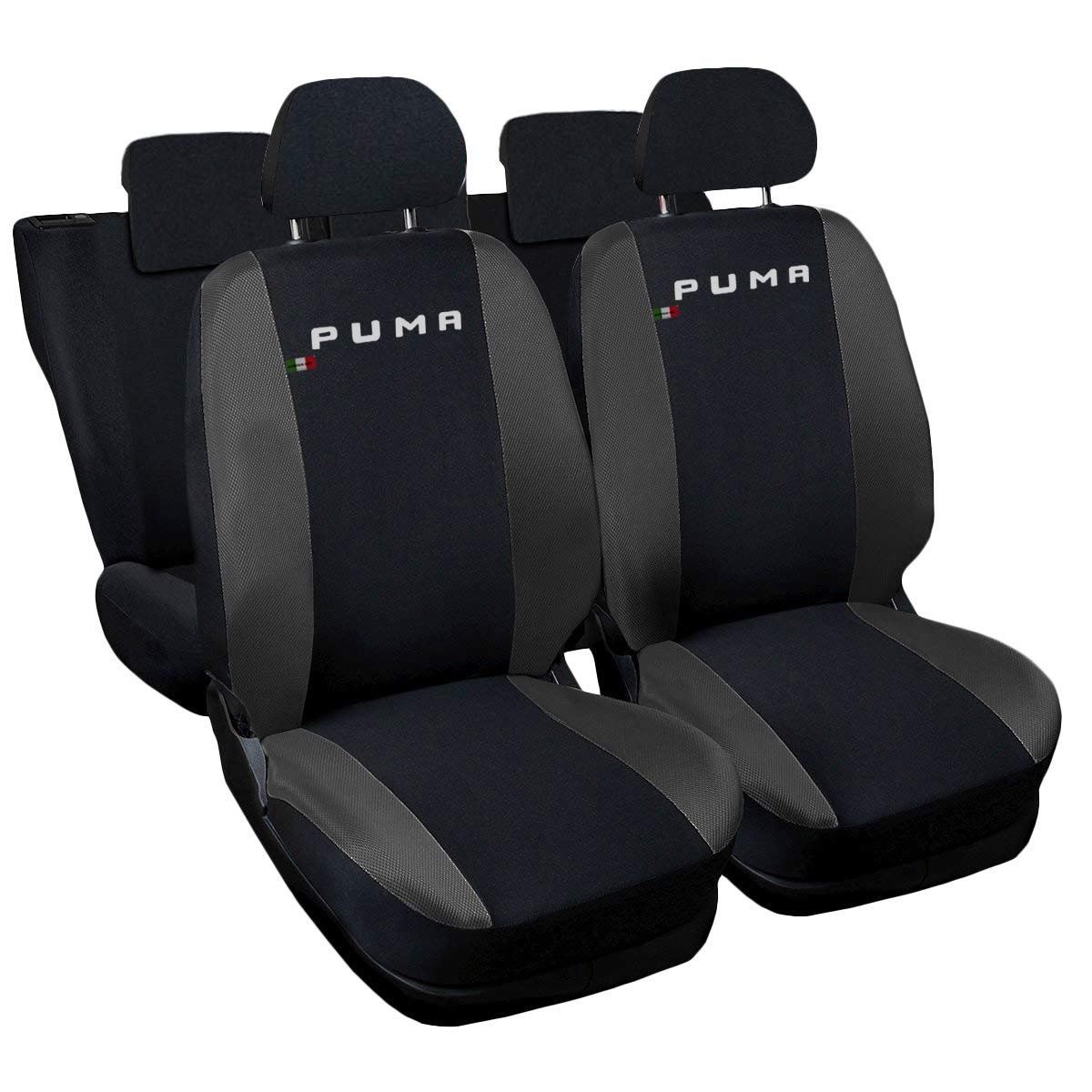 Rebeca Shop Puma kompatible Autositzbezüge | Set für vorne und hinten | gesticktes Logo | Airbag kompatibel | Zubehör für Innenraum (Schwarz/Dunkelgrau) von Rebeca Shop